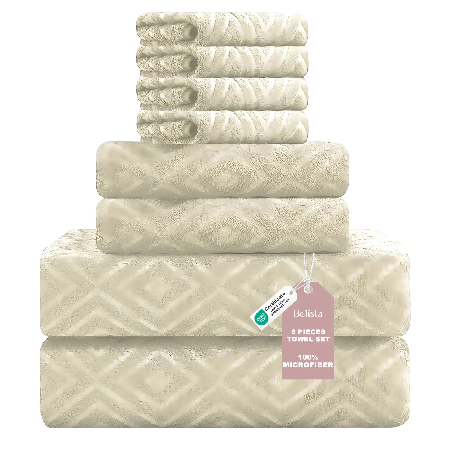 Belista Oversized 8-Piece Towel Set 35"×70": 2 Bath Sheets , 2 Hand Towels , 4 Wash cloths, Soft & Absorbent  Attractive Design will give your Bathroom a Touch of Class. Multiple Colors to Choose From.