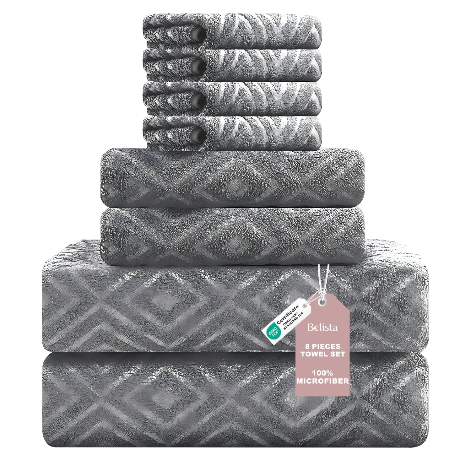 Belista Oversized 8-Piece Towel Set 35"×70": 2 Bath Sheets , 2 Hand Towels , 4 Wash cloths, Soft & Absorbent  Attractive Design will give your Bathroom a Touch of Class. Multiple Colors to Choose From.