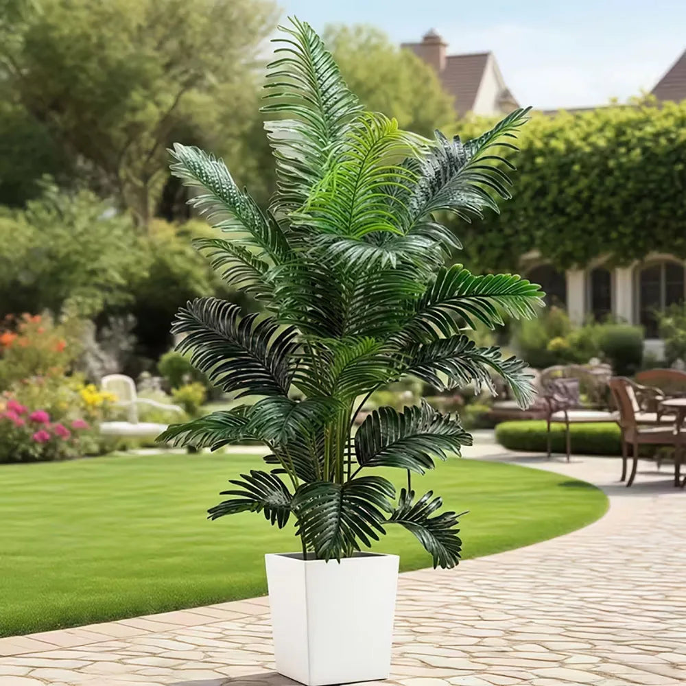 35-inch artificial giant palm tree plant; 2 pieces lifelike green leaves; no maintenance required; indoor and outdoor decoration . Accommodates Small and Large Outdoor Areas. 2 Plants. Pots NOT Included so You Can Choose What