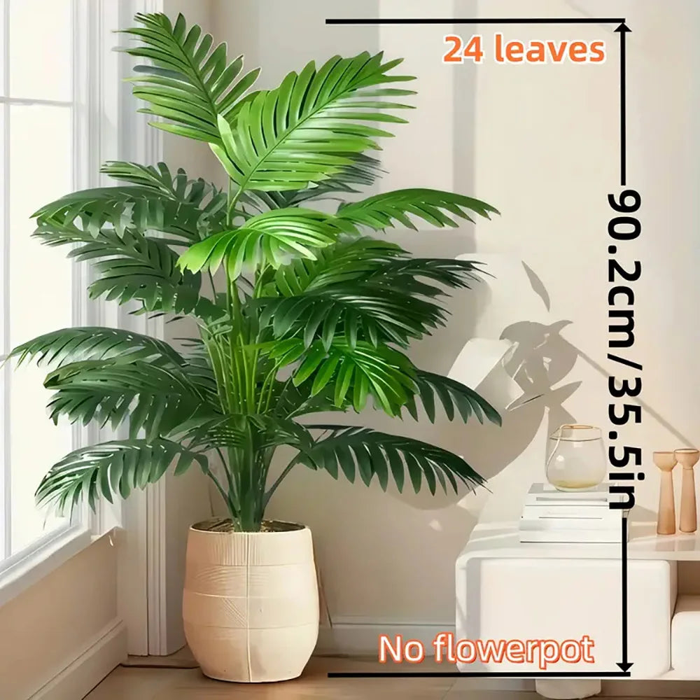 35-inch artificial giant palm tree plant; 2 pieces lifelike green leaves; no maintenance required; indoor and outdoor decoration . Accommodates Small and Large Outdoor Areas. 2 Plants. Pots NOT Included so You Can Choose What