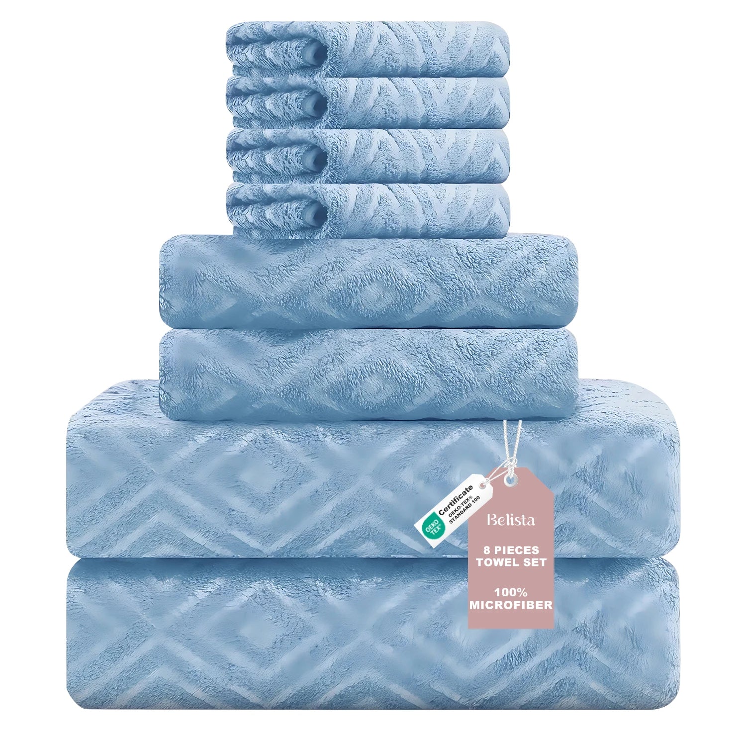 Belista Oversized 8-Piece Towel Set 35"×70": 2 Bath Sheets , 2 Hand Towels , 4 Wash cloths, Soft & Absorbent  Attractive Design will give your Bathroom a Touch of Class. Multiple Colors to Choose From.