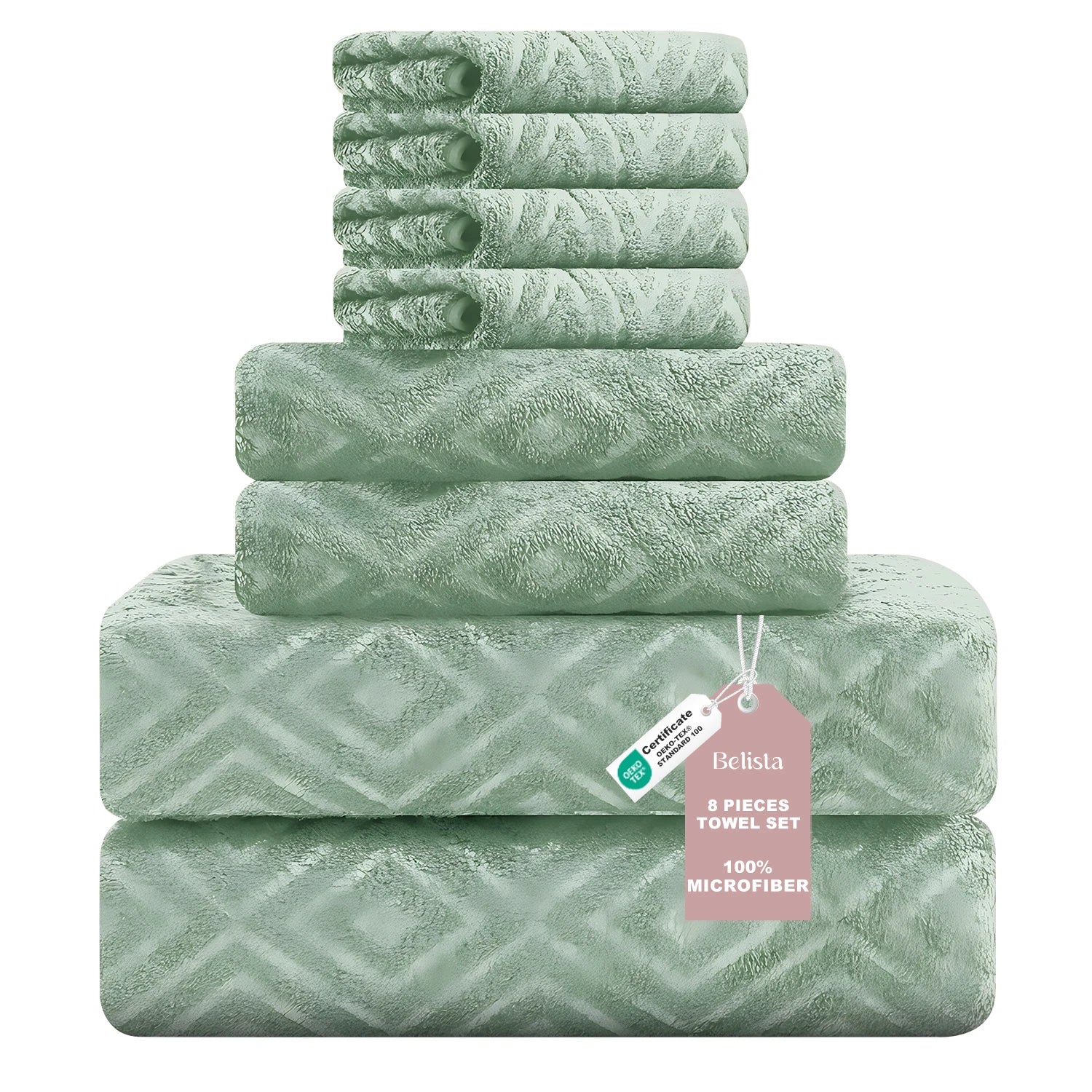 Belista Oversized 8-Piece Towel Set 35"×70": 2 Bath Sheets , 2 Hand Towels , 4 Wash cloths, Soft & Absorbent  Attractive Design will give your Bathroom a Touch of Class. Multiple Colors to Choose From.