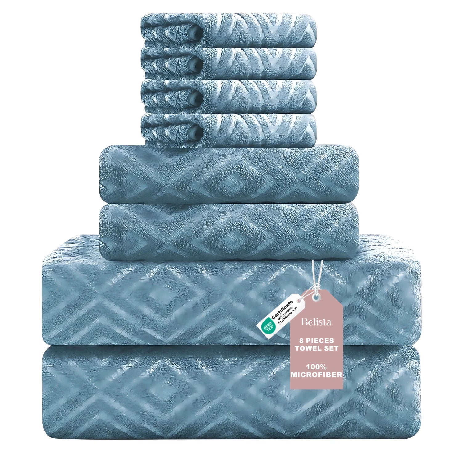Belista Oversized 8-Piece Towel Set 35"×70": 2 Bath Sheets , 2 Hand Towels , 4 Wash cloths, Soft & Absorbent  Attractive Design will give your Bathroom a Touch of Class. Multiple Colors to Choose From.