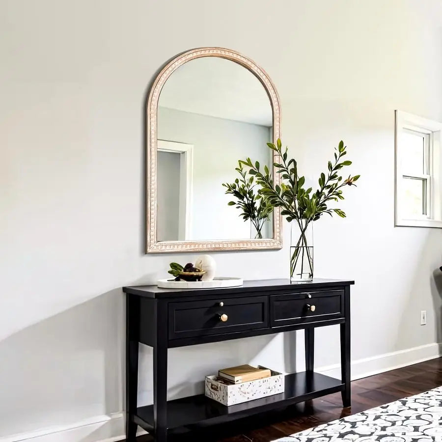 Farmhouse Style Wall Mirror with Beaded Wooden Frame, Perfect Addition to Any Room!