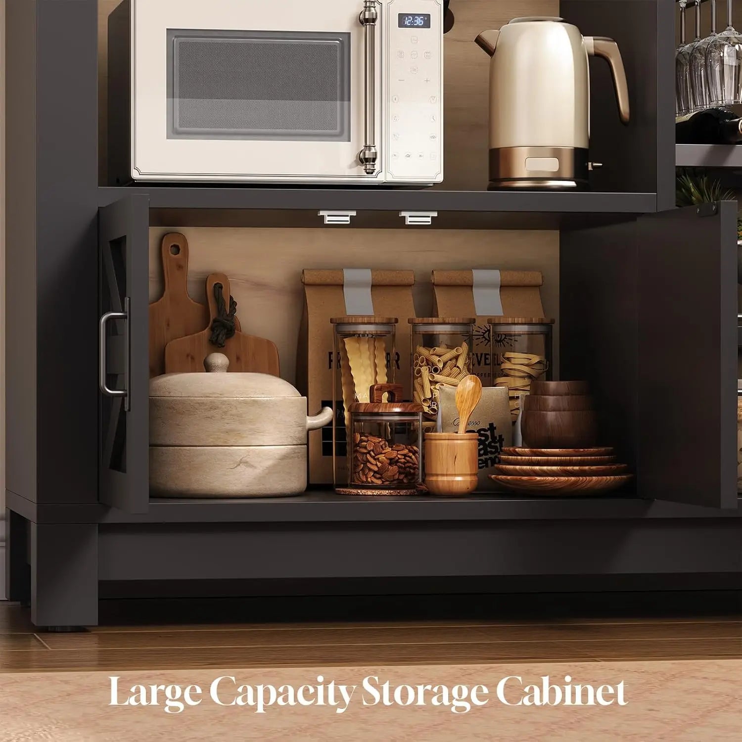 73" Tall Arched Bakers Rack with Power Outlet and LED Light, Farmhouse Coffee Bar Cabinet, Kitchen Microwave Stand. Multiple Finishes and Attractive Features.