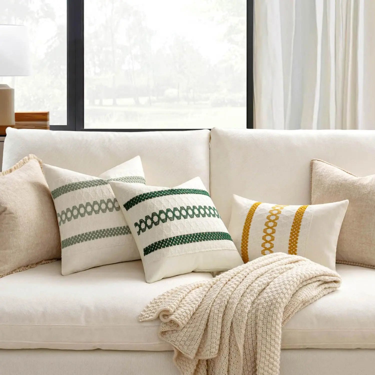 Set of 2 Sage Green Boho Pillow Covers, 18x18 Inch Farmhouse Rustic Cotton Cushions for Sofa Bed Chair Decor