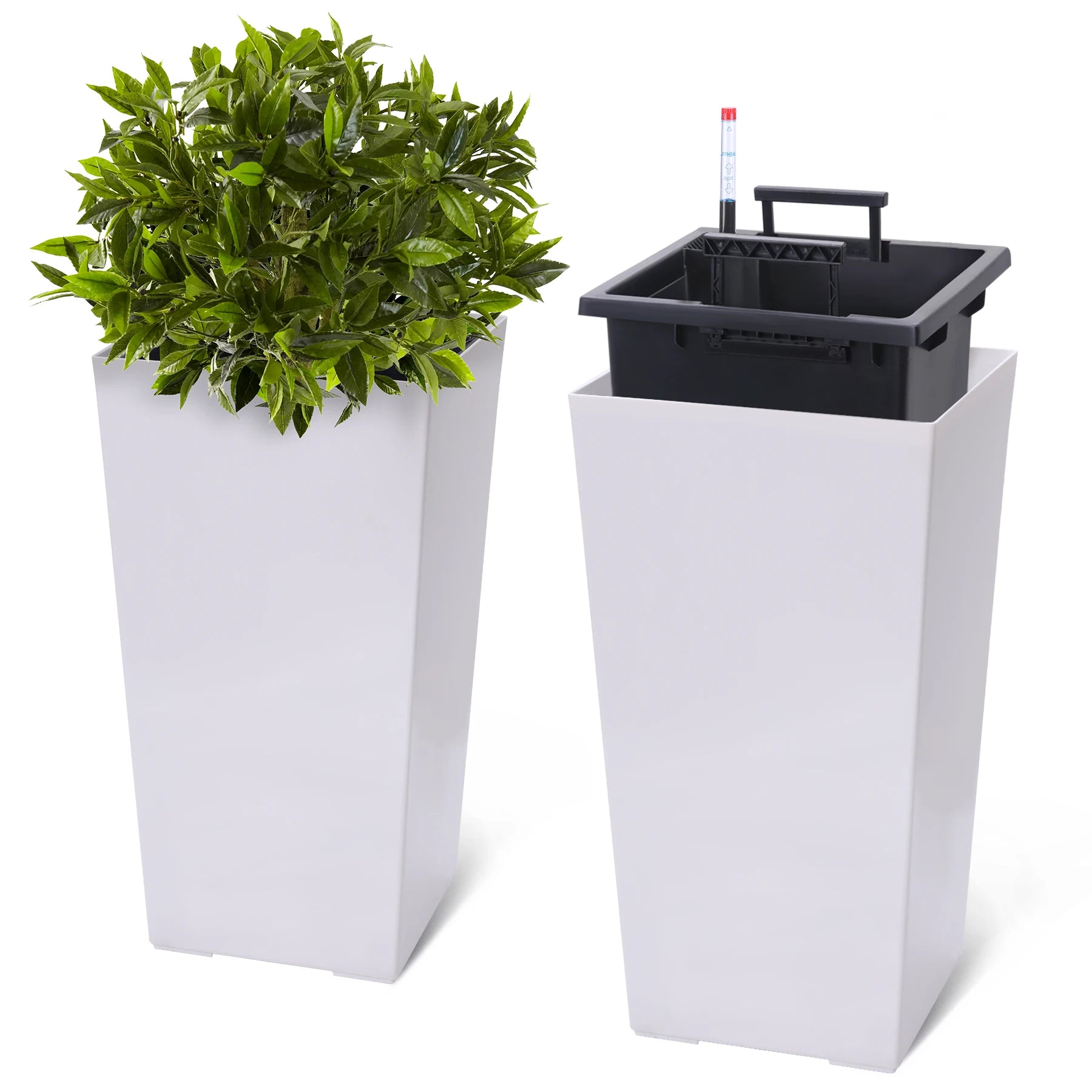 Outdoor Indoor Planter Pots, Tall Planter Pots with Drainage Holes and Auto Watering. 2 Colors, Multiple Sizes.