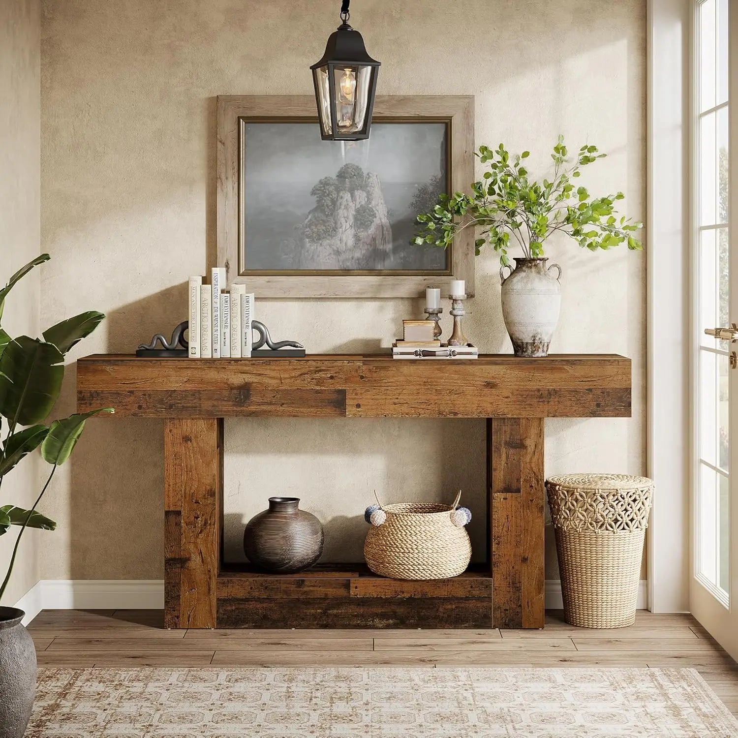 Modern  Farmhouse 2-Tier Entryway Table with U-Shaped Base, Narrow Long Wood Sofa Table. 63 inches tall.. Uniquely Stunning Design. Several finishes to choose from.