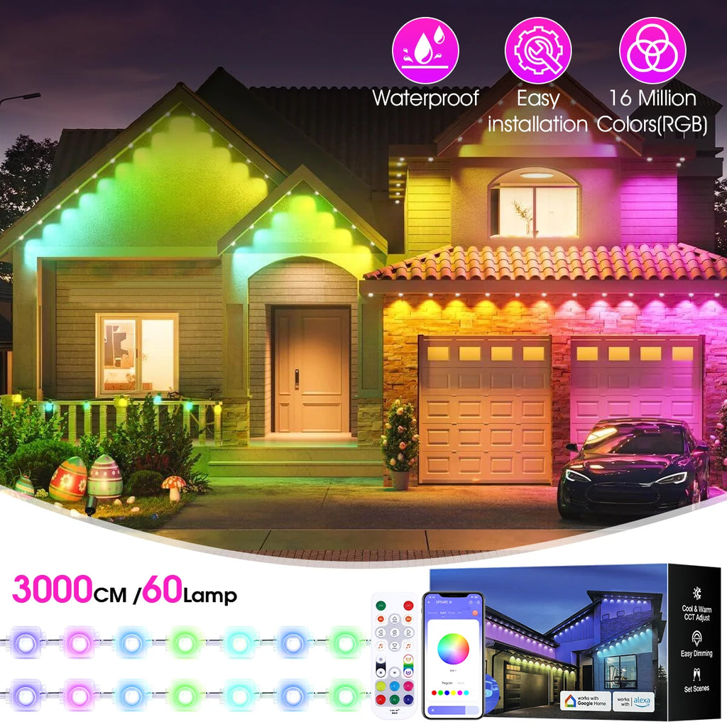 Permanent Outdoor Lights, 100ft/150FT RGBIC Outdoor Lights with 60/90 LED Lights, IP67 Waterproof, 100 Scene Modes. I Have Seen These Lights in Action and They are Great.