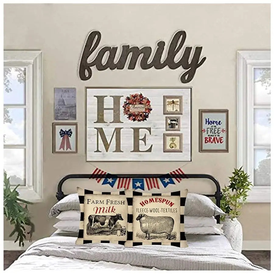 Rustic Farmhouse Pillow Covers Farm Animal Throw Pillow Case Bordered in a Buffalo Plaid. Great as an Accent in any Room.