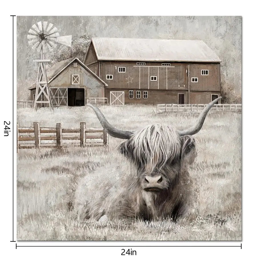 Highland Cow Lovers. Beautiful  Wall Decor Rustic Farmhouse ,Barn and Windmill Landscape Painting Framed 24x24 inch.