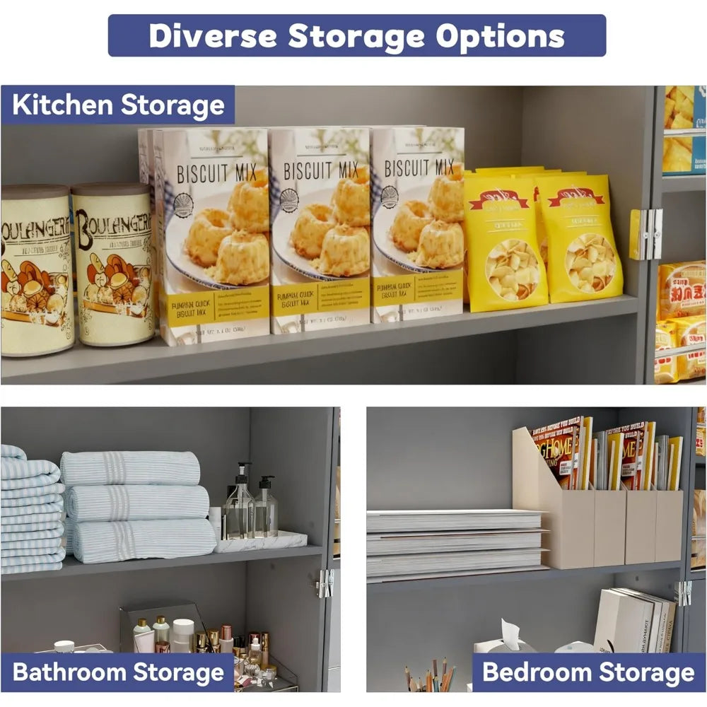 Farmhouse Style LED-Illuminated Kitchen Pantry Cabinet with 3 Drawers. Free Standing Pantry Storage, Barn Door Design, Adjustable Shelves