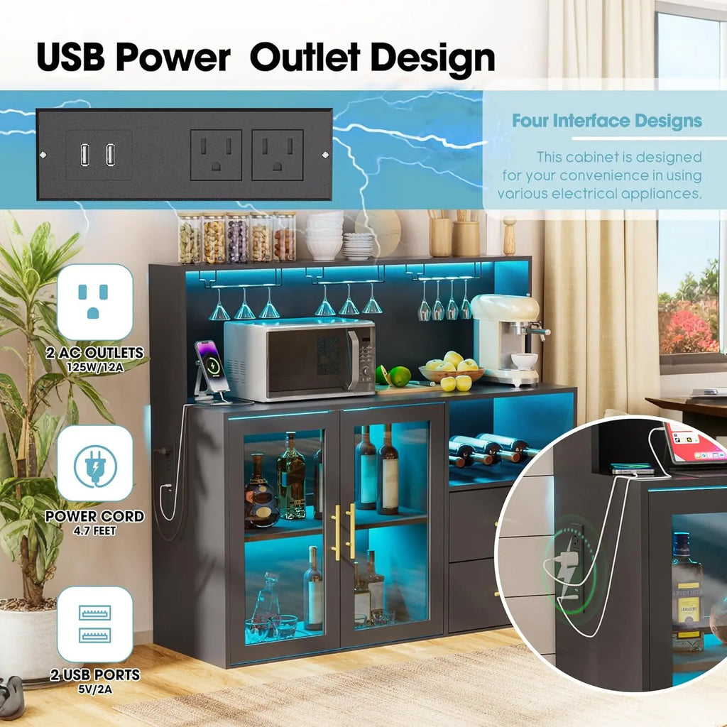 Wine Bar Cabinet with USB Outlets and Soft LED Lighting. With Ample Storage, this Piece is both Functional and Attractive. Great for the Kitchen Livingroom.