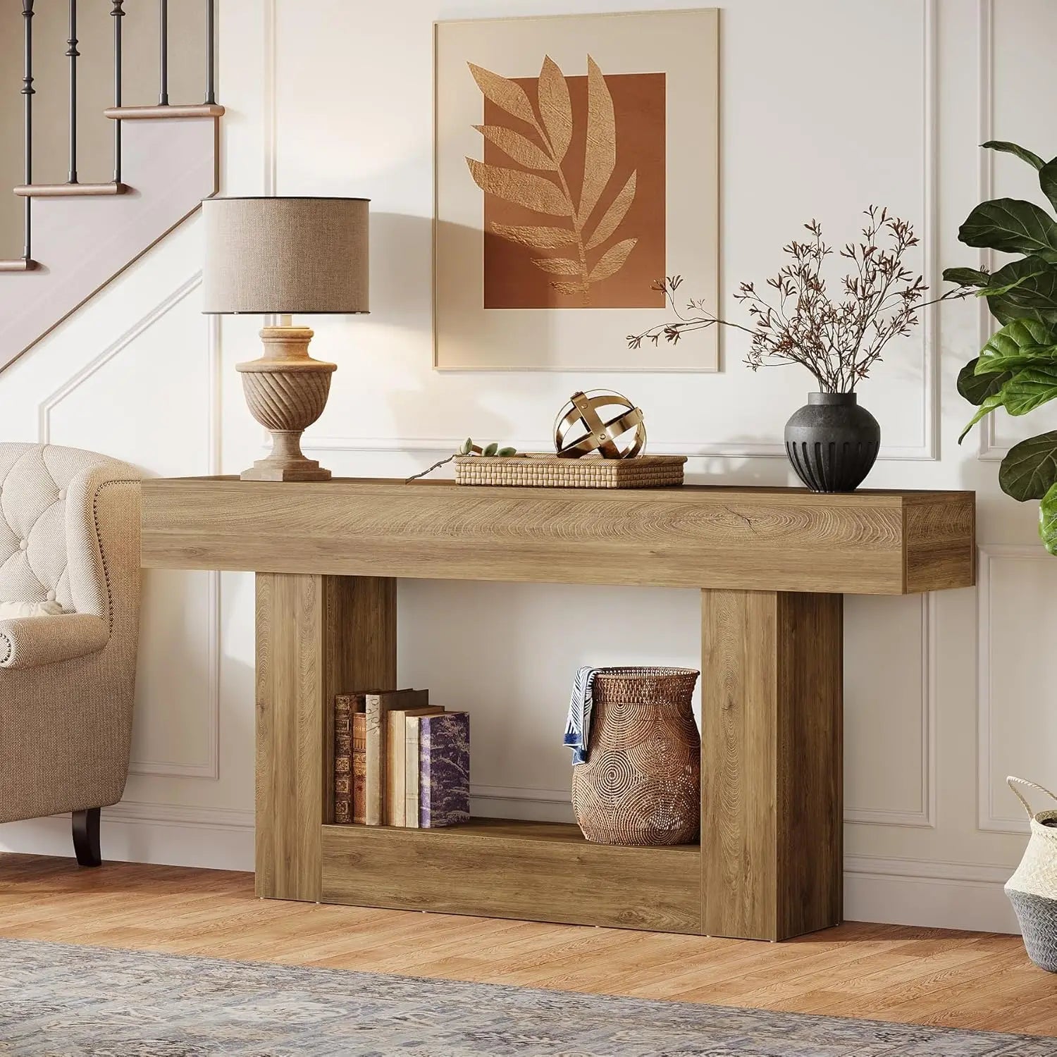 Modern  Farmhouse 2-Tier Entryway Table with U-Shaped Base, Narrow Long Wood Sofa Table. 63 inches tall.. Uniquely Stunning Design. Several finishes to choose from.