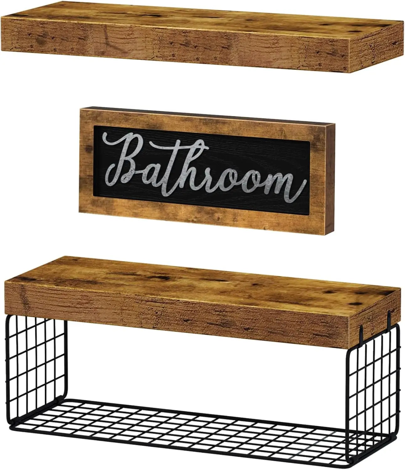 Farmhouse Bathroom Shelves Over Toilet - Floating Shelf Set with Basket & Sign, Rustic Brown