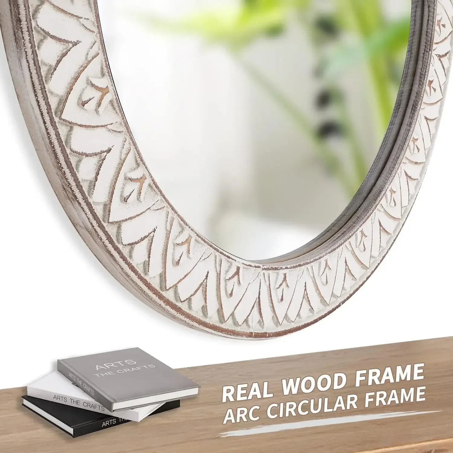 BESTSELLER !! Rustic Round Wood 36 Inch Farmhouse Mirror, Wall Mount, Framed, White, Flower Imprinted Frame. Beautiful Piece.