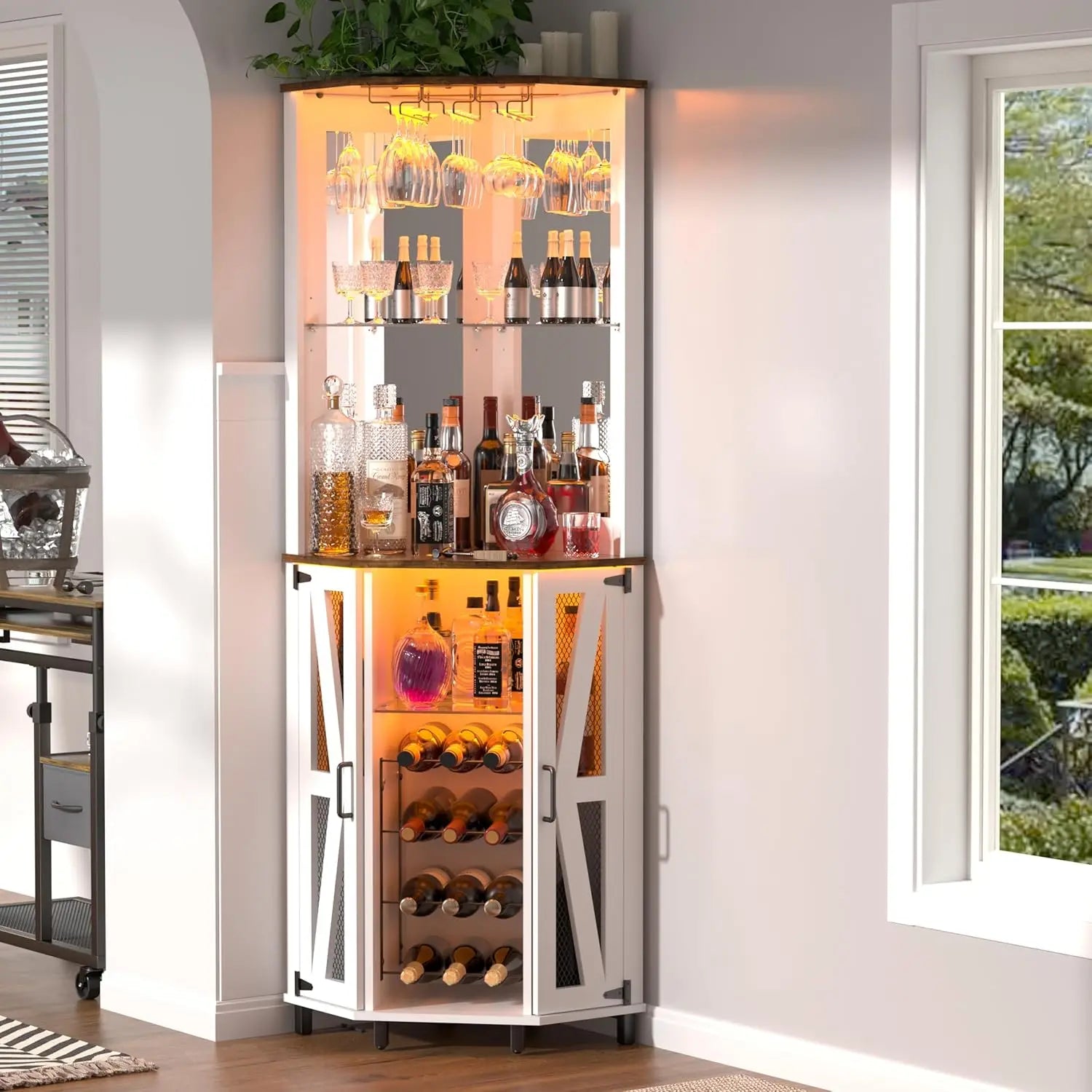 68.9” Tall Corner Bar Cabinet Wine Bar with LED Lighting With Mirrored Backdrop.  Farmhouse Liquor Cabinet with Adjustable Shelf Customizable. It's Corner Style Design is a Space Saving  Which Makes it Suitable for Smaller