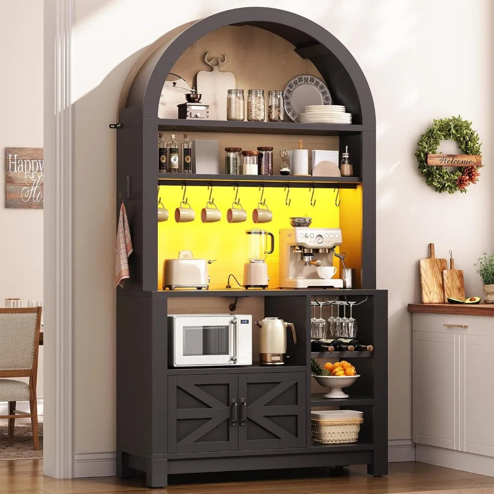 73" Tall Arched Bakers Rack with Power Outlet and LED Light, Farmhouse Coffee Bar Cabinet, Kitchen Microwave Stand. Multiple Finishes and Attractive Features.