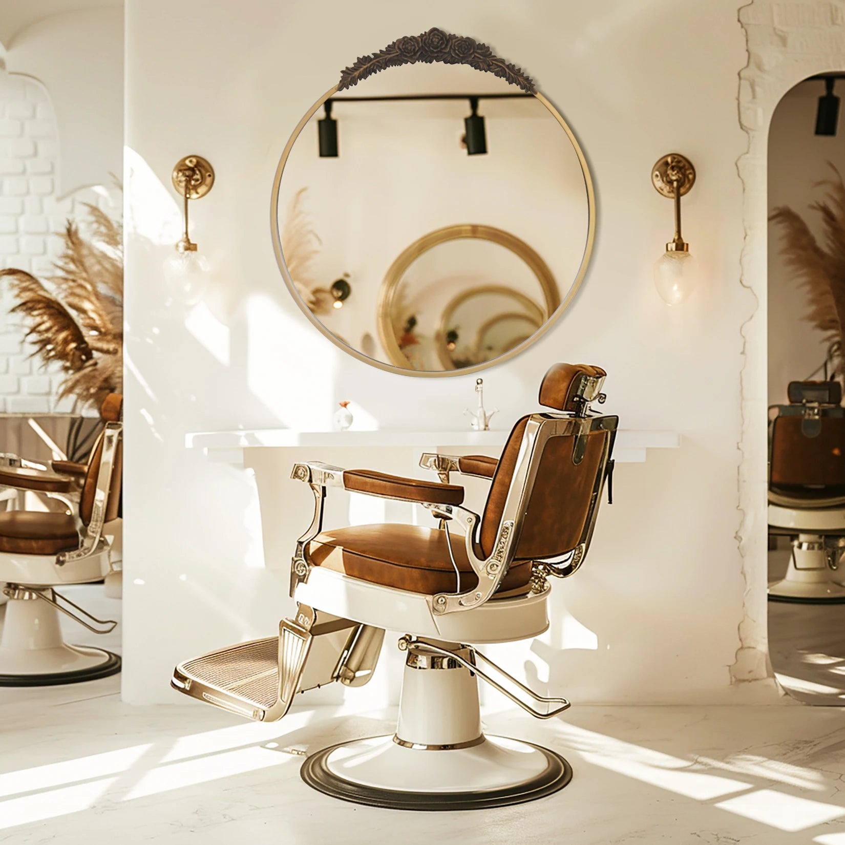 Vintage Baroque Brass Wall Mirror Resin Rose Top Metal Frame Bathroom, Living Room , Bedroom Accent Mirror Venetian Decor.