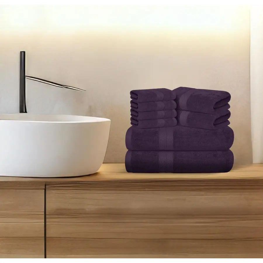 Luxury 8 Piece Plum Towels Set, 2 Bath Towels, 2 Hand Towels and 4 Washcloths, 600 GSM 100 Ring Spun Cotton Highly Absorbent. Striking Color.
