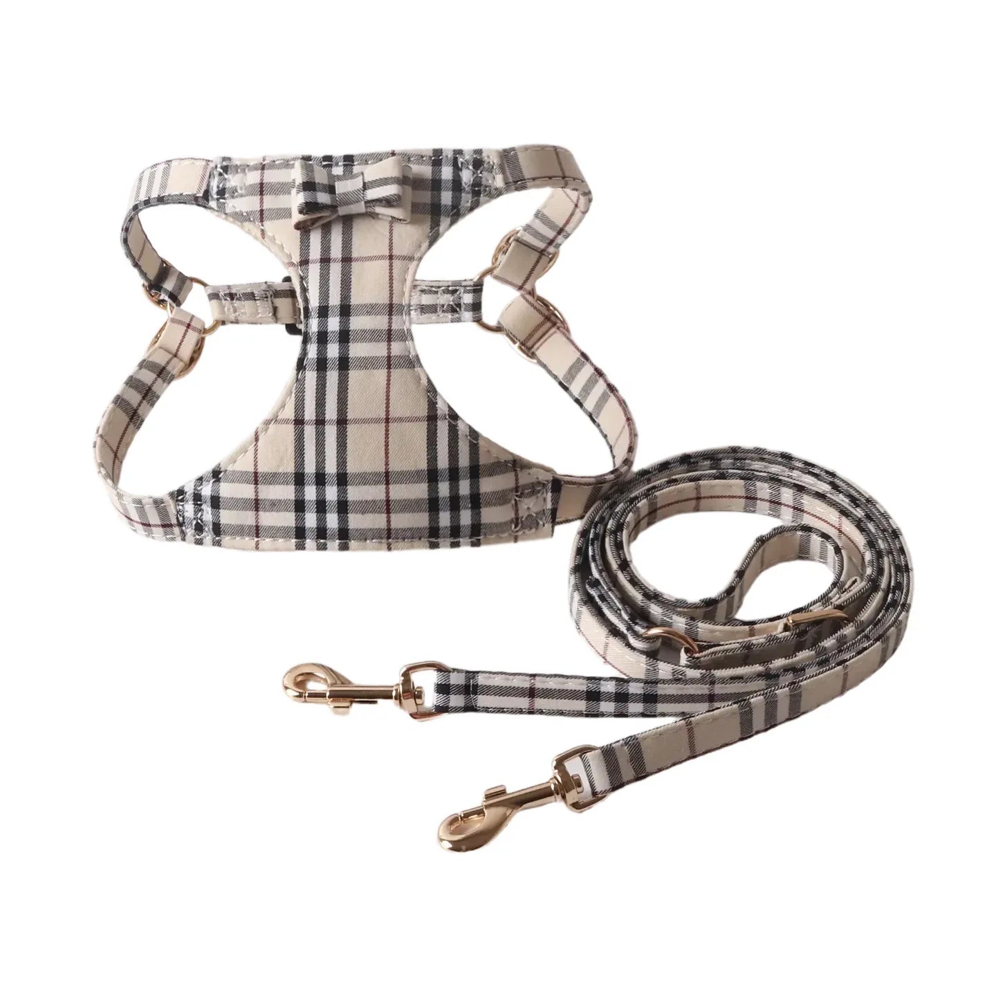 Dog Harness Leash Set for Small and Medium Dogs Adjustable Plaid Bow Vest Double Hook Leash Pet .Your Fur Babies will be Walking in Style.