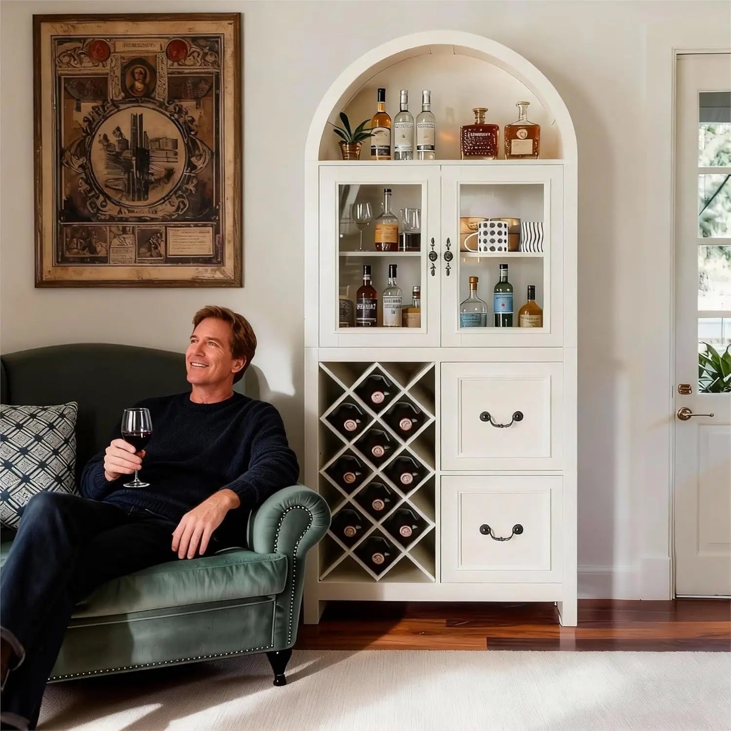 Farmhouse Style Arched Bar Cabinet with Glass Doors, 71" Tall Wine Storage Cabinet with Stemware Rack, Wine Rack and Storage.  Both Functional and Beautiful.