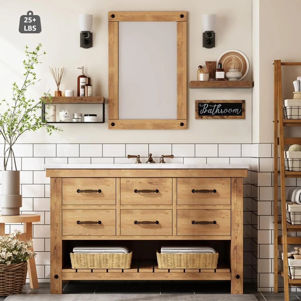 Farmhouse Bathroom Shelves Over Toilet - Floating Shelf Set with Basket & Sign, Rustic Brown