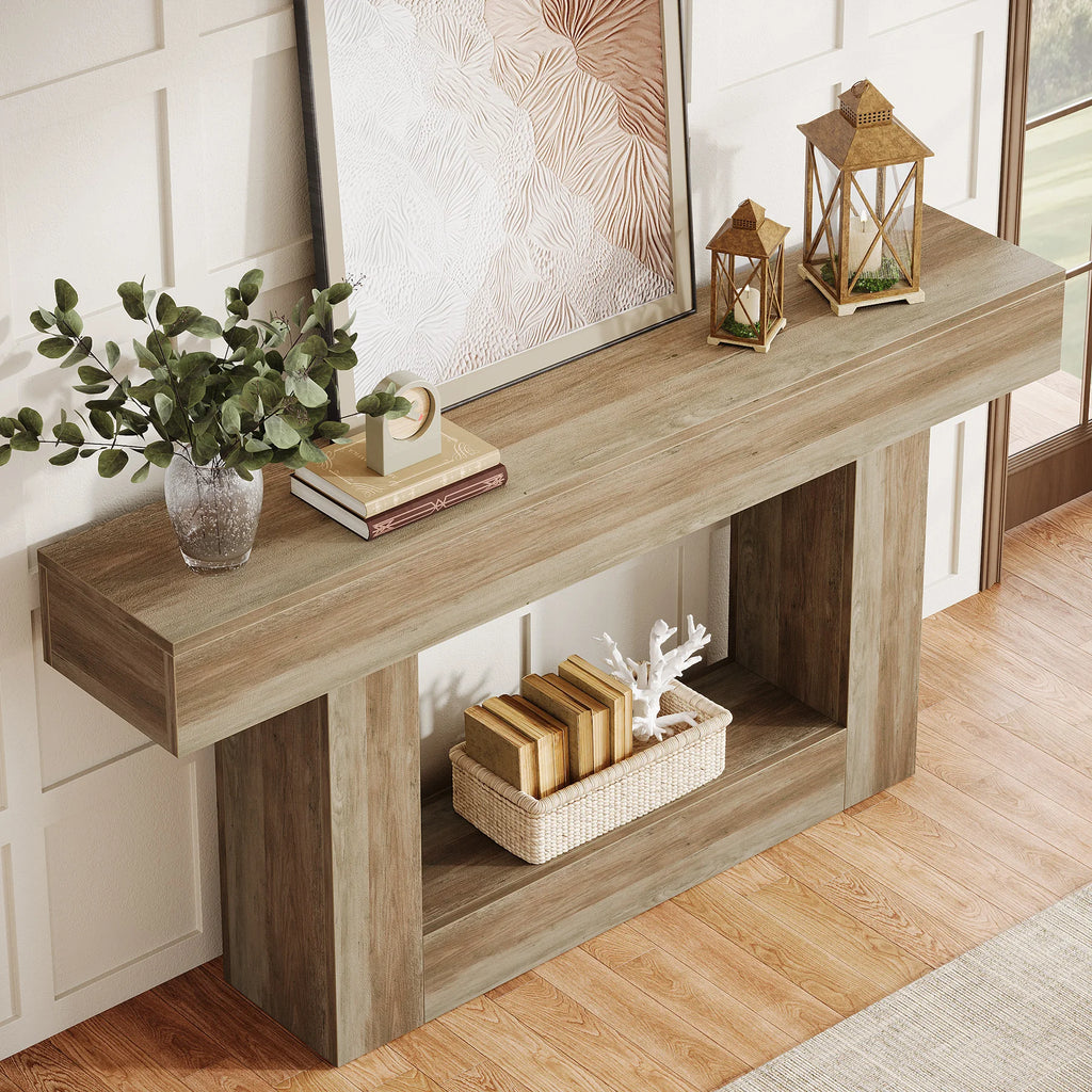 Modern  Farmhouse 2-Tier Entryway Table with U-Shaped Base, Narrow Long Wood Sofa Table. 63 inches tall.. Uniquely Stunning Design. Several finishes to choose from.