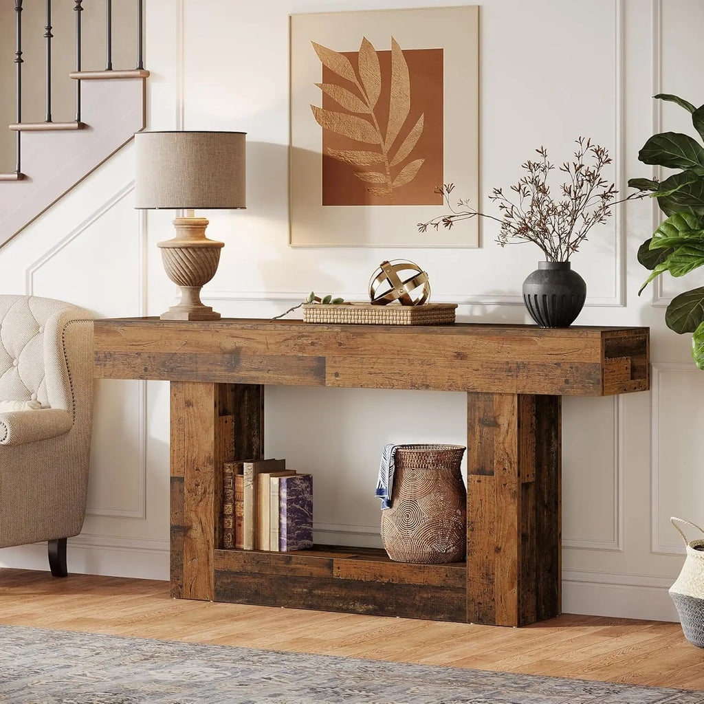 Modern  Farmhouse 2-Tier Entryway Table with U-Shaped Base, Narrow Long Wood Sofa Table. 63 inches tall.. Uniquely Stunning Design. Several finishes to choose from.