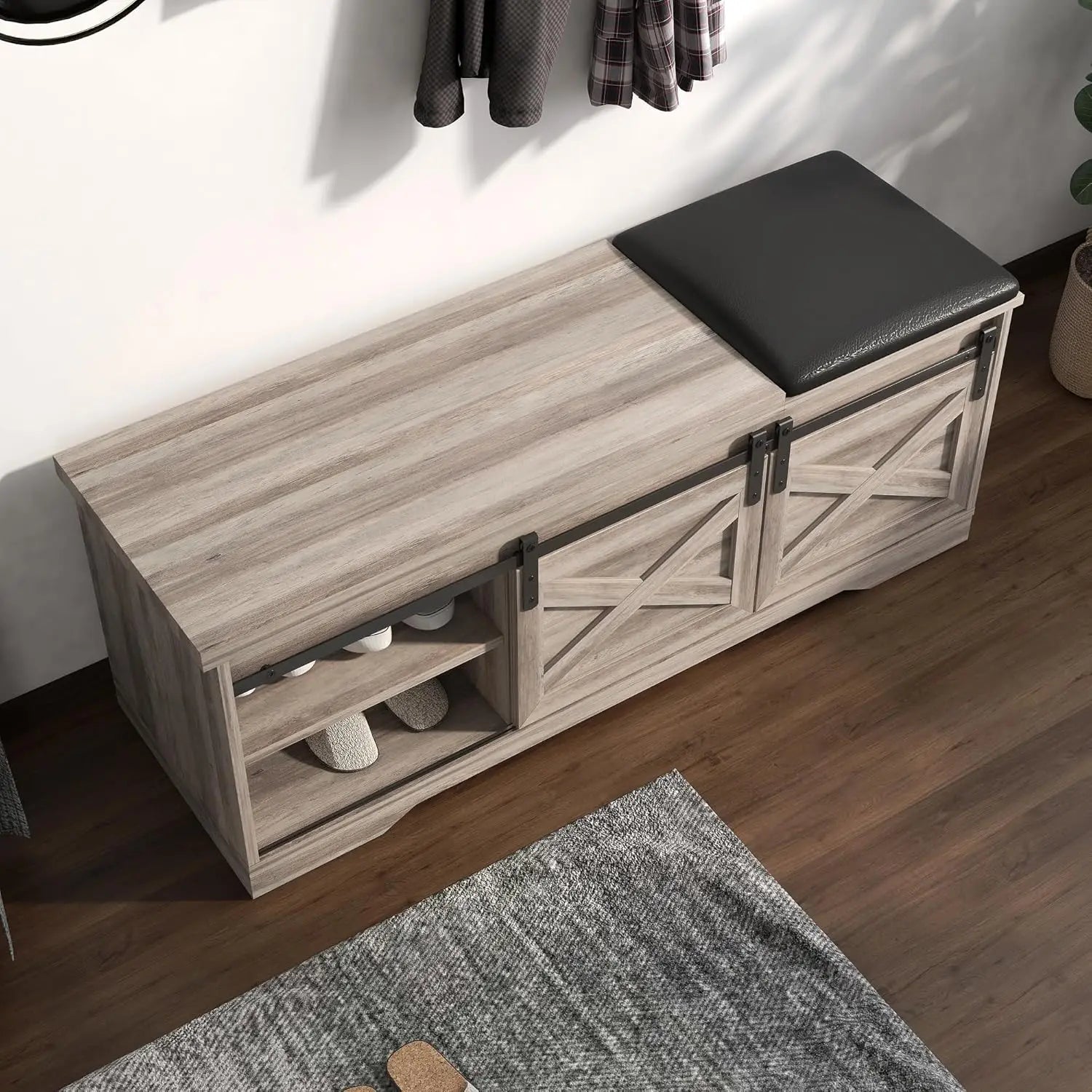 Farmhouse Style Storage Bench with Padded Seat. Great for the Entryway or Bedroom for shoe storage.