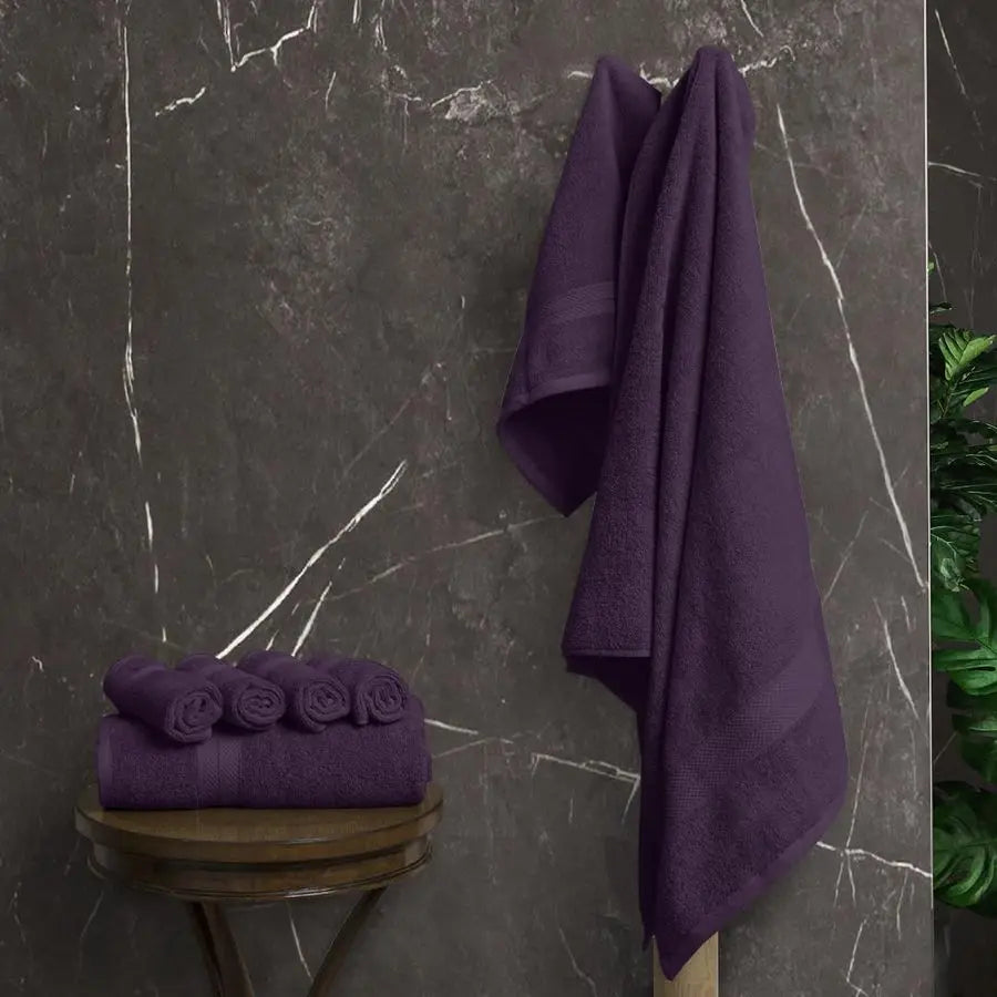 Luxury 8 Piece Plum Towels Set, 2 Bath Towels, 2 Hand Towels and 4 Washcloths, 600 GSM 100 Ring Spun Cotton Highly Absorbent. Striking Color.
