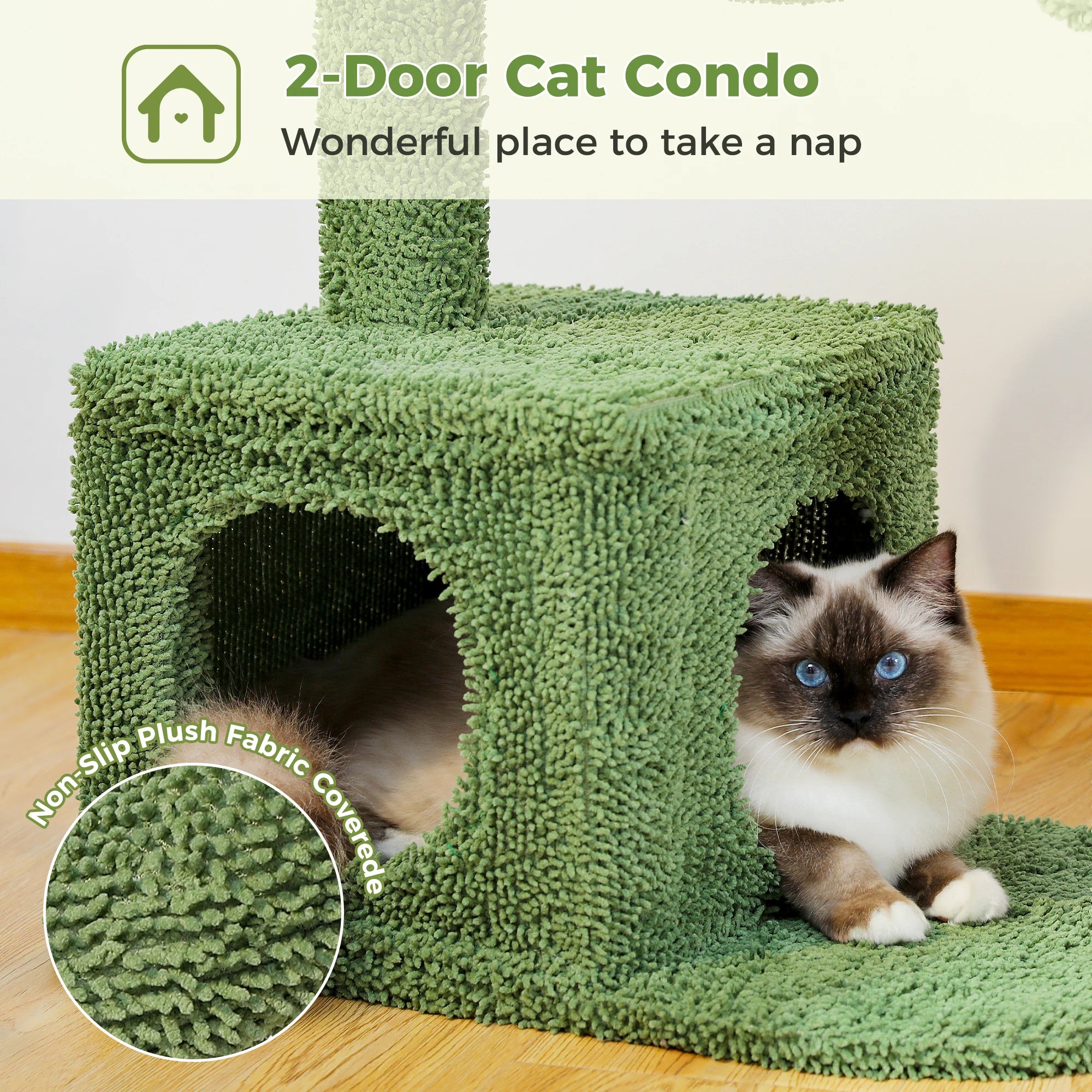 Cactus Cat Tree with Large Condo, Hammock, Dangling Ball and Cat Scratching Post for hours of indoor fun and shenanigans.