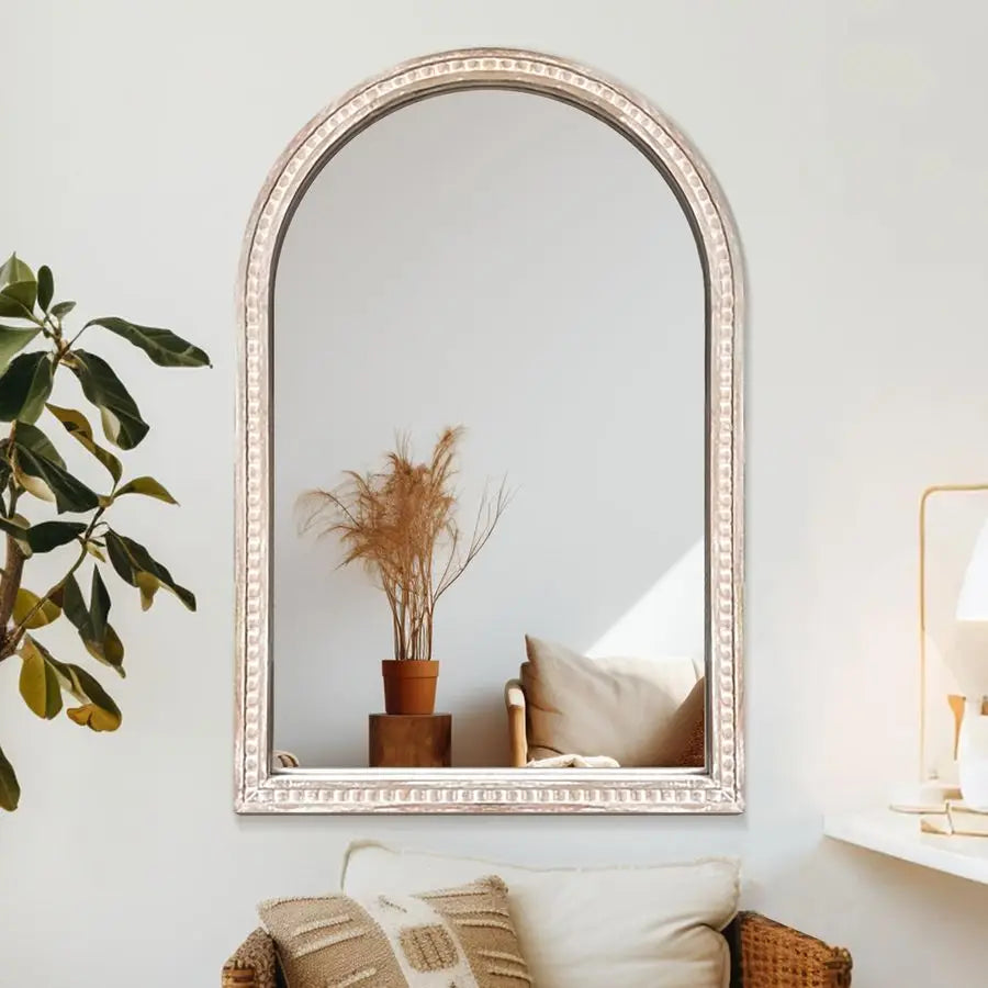 Farmhouse Style Wall Mirror with Beaded Wooden Frame, Perfect Addition to Any Room!