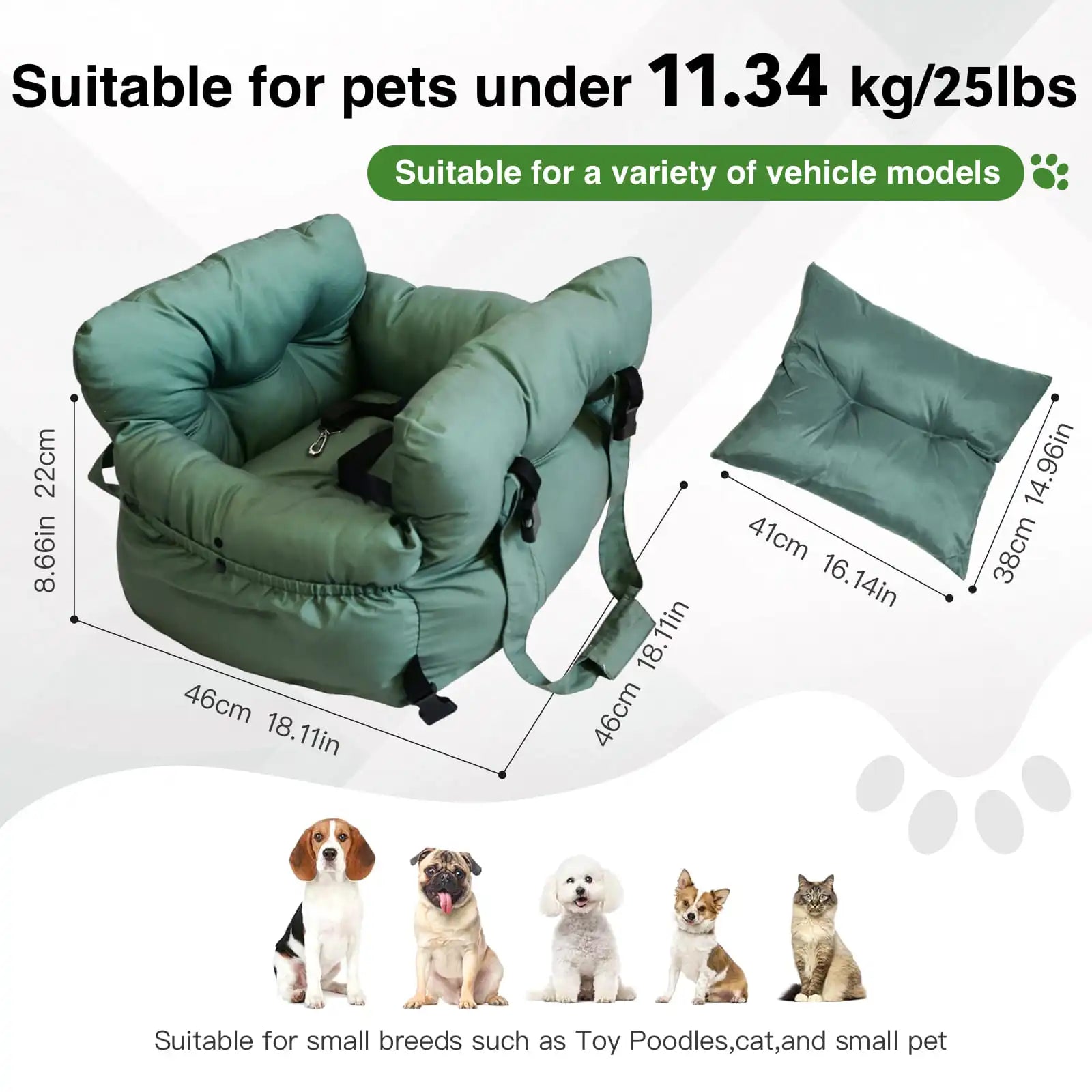 2-in-1 Dog Car Seat Carrier Bag - Detachable with Handles and Safety Belt, Travel Dog Booster Seat for Small Medium Dogs Cats. Multiple Colors.