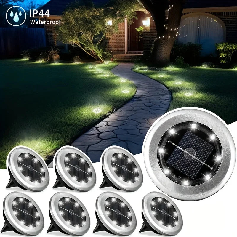 8 Pcs 8LED Solar Power Disk Light Outdoor Garden Solar Light . Great for Lighting a Pathway and Flower Beds.