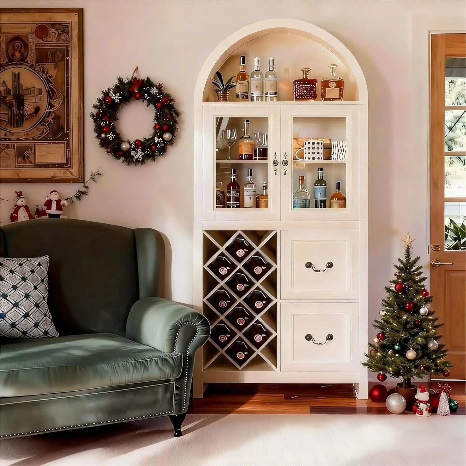 Farmhouse Style Arched Bar Cabinet with Glass Doors, 71" Tall Wine Storage Cabinet with Stemware Rack, Wine Rack and Storage.  Both Functional and Beautiful.