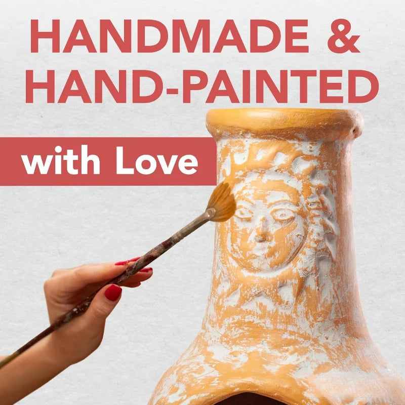 Medium Chiminea Outdoor Fireplace Clay Chimineas with Chimney Rain Lids and Solid Metal Stands - Yellow Terracotta Chimenea. Perfect Addition to your Patio.