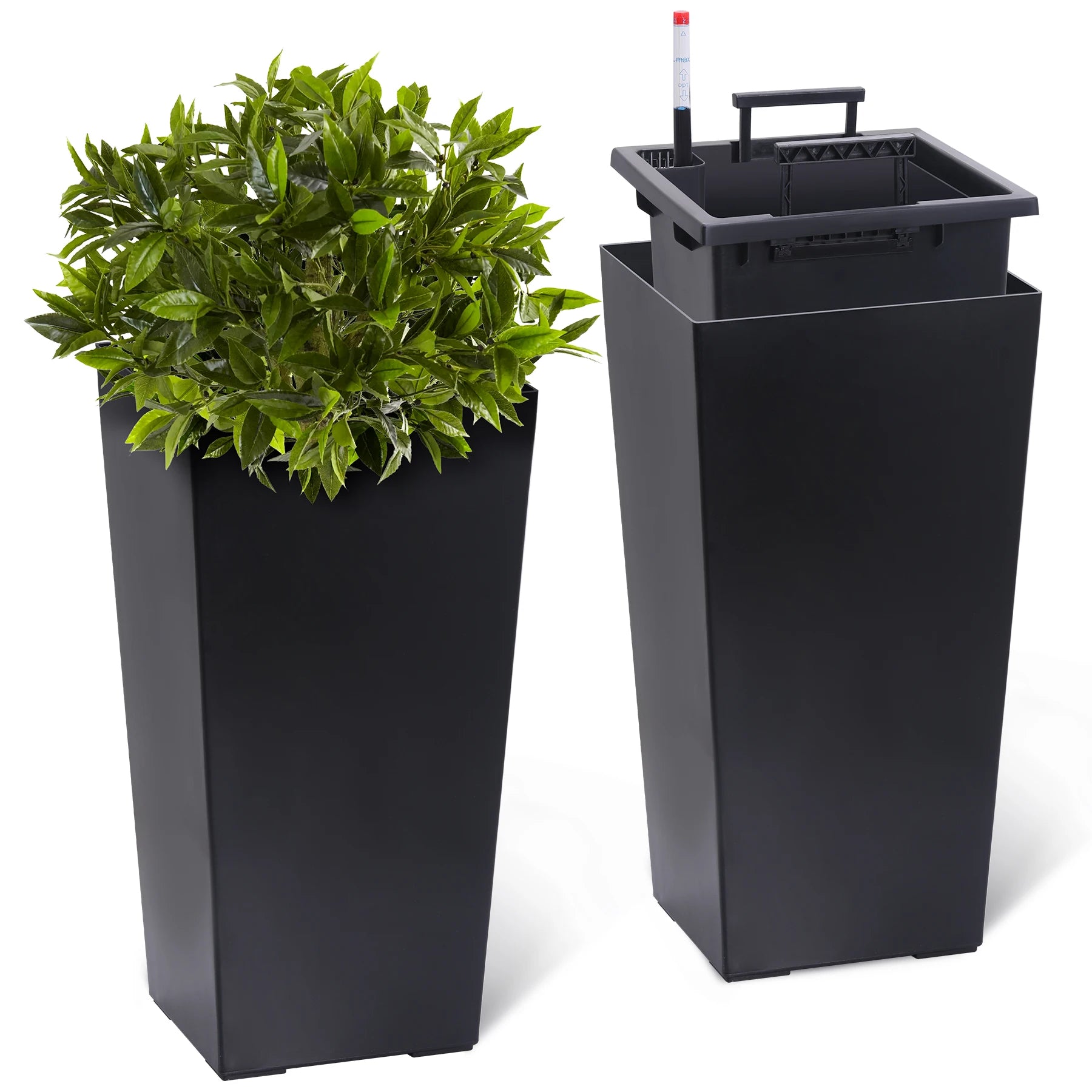 Outdoor Indoor Planter Pots, Tall Planter Pots with Drainage Holes and Auto Watering. 2 Colors, Multiple Sizes.