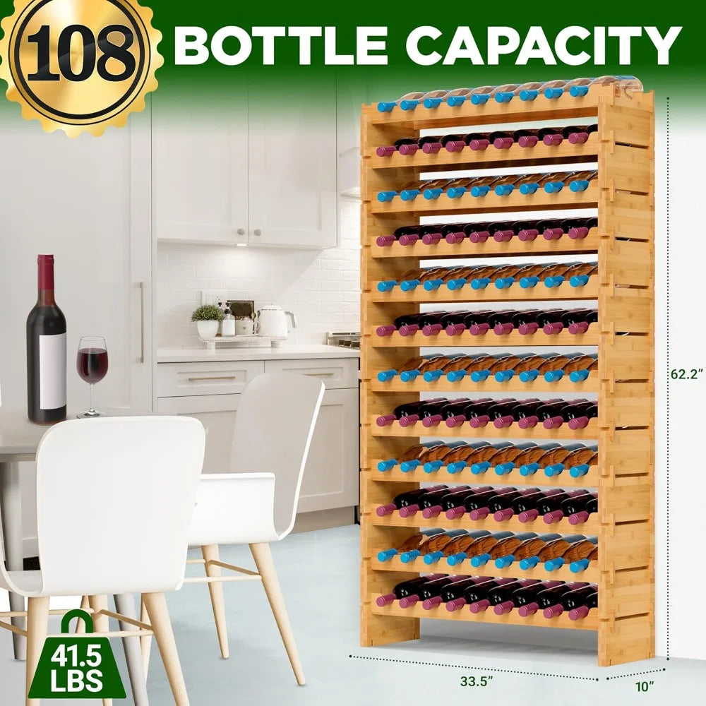 Bamboo Stackable Wine Rack, 12-Tier 108 Bottle Capacity Free Standing Floor, No Tools Assembly, Modular Storage Display. Great storage for the Wine Collector and Connoisseur.