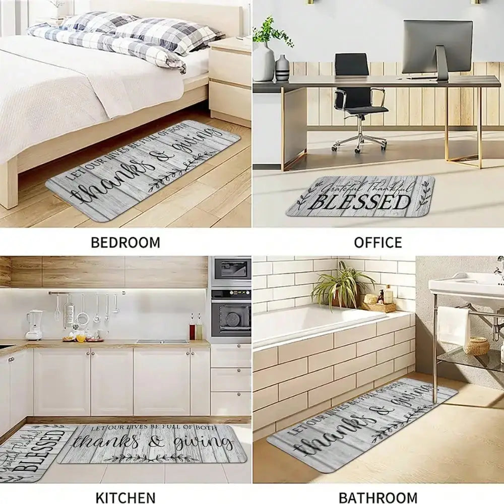 3-Piece Kitchen Rug Set, Gray Wood Grain Print with Gratitude Script, Washable Polyester