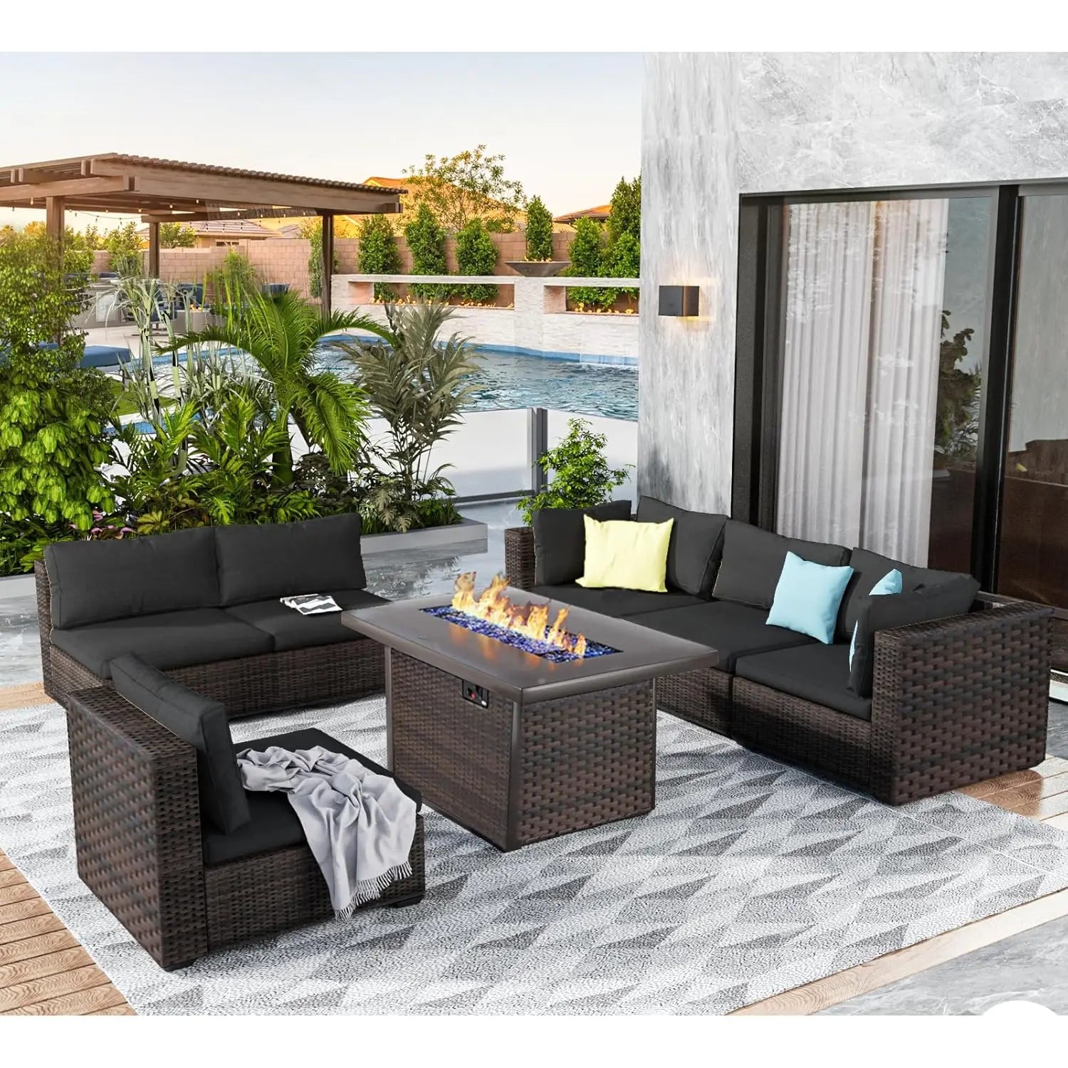 7 Pieces Outdoor Sectional Patio Furniture Set with Fire Pit Table Rattan Wicker Patio Sectional. Cozy and Welcoming.