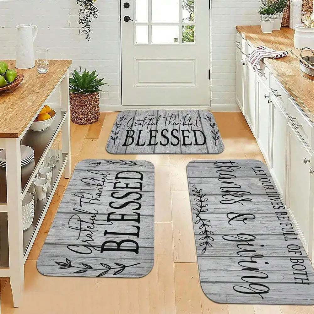 3-Piece Kitchen Rug Set, Gray Wood Grain Print with Gratitude Script, Washable Polyester