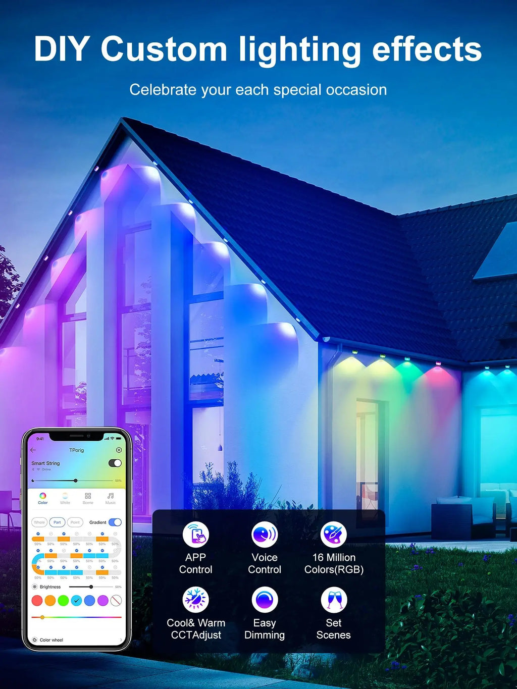 Permanent Outdoor Lights, 100ft/150FT RGBIC Outdoor Lights with 60/90 LED Lights, IP67 Waterproof, 100 Scene Modes. I Have Seen These Lights in Action and They are Great.