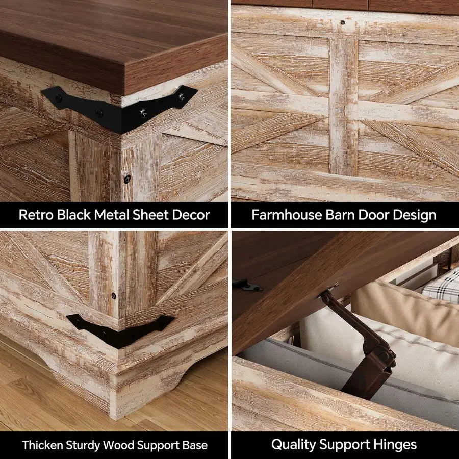 Farmhouse Style Heavy Duty Coffee Table with Storage, Square Wood Center Table Set for Living Room with Pull Up Large Lid.