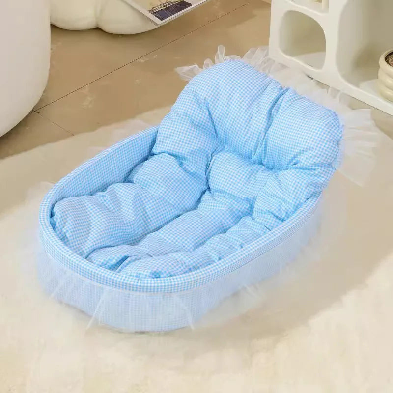 CUTENESS OVERLOAD!  Cute Lace-Trimmed Pet Bed.  Soft Polyester Plush Oval for Small Dogs/Cats, Easy Assembly Indoor Use