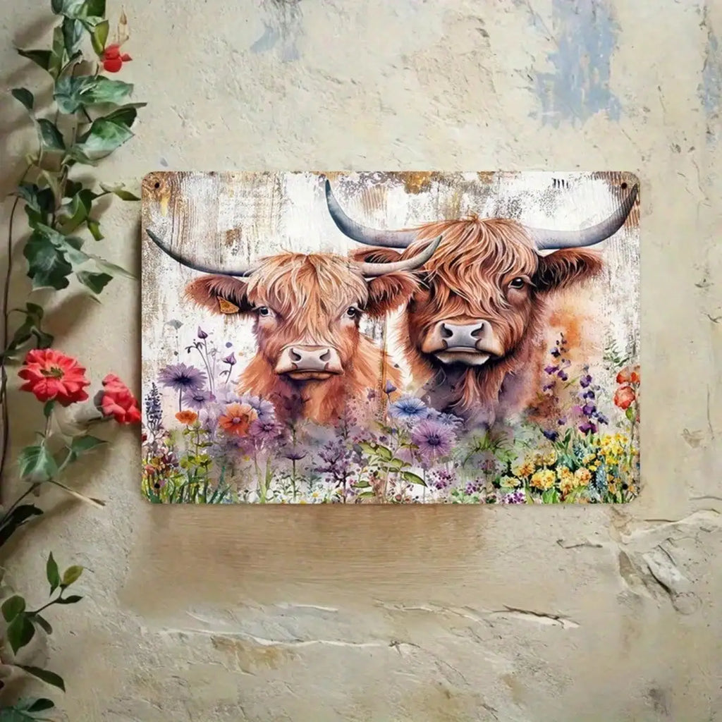 - Rustic Farm Charm Metal Wall Decor.  8x12 Highland Cow metal Sign.