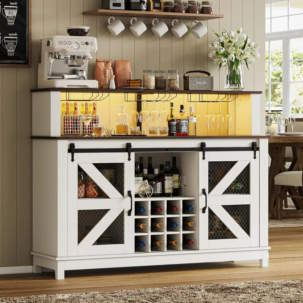 Farmhouse Style Coffee Bar/Wine Bar with LED Lighting and Sliding Barn Door. This is a Great Piece to Bring a Little Farm Charm to Your Home. Two Finishes to Choose From.