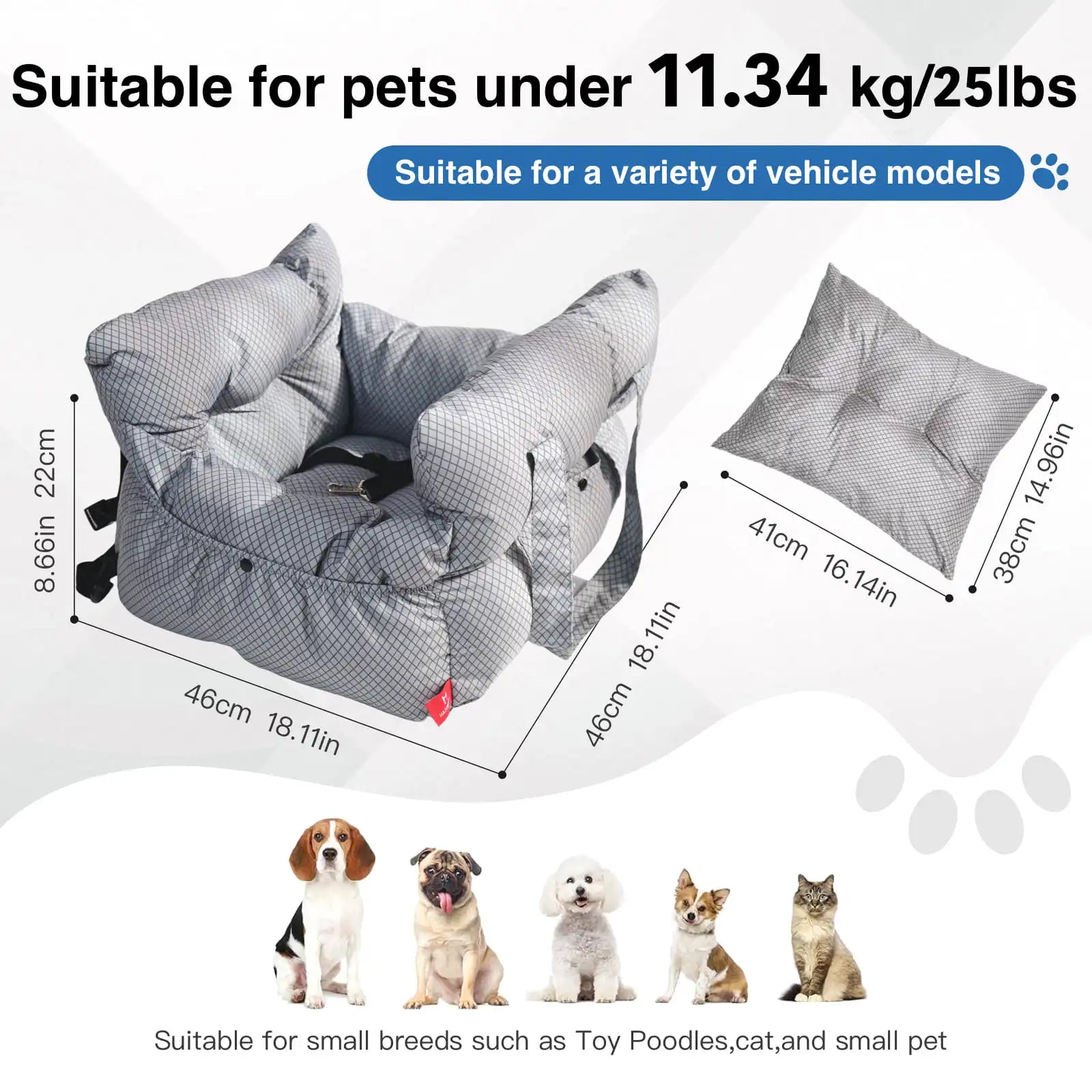 2-in-1 Dog Car Seat Carrier Bag - Detachable with Handles and Safety Belt, Travel Dog Booster Seat for Small Medium Dogs Cats. Multiple Colors.