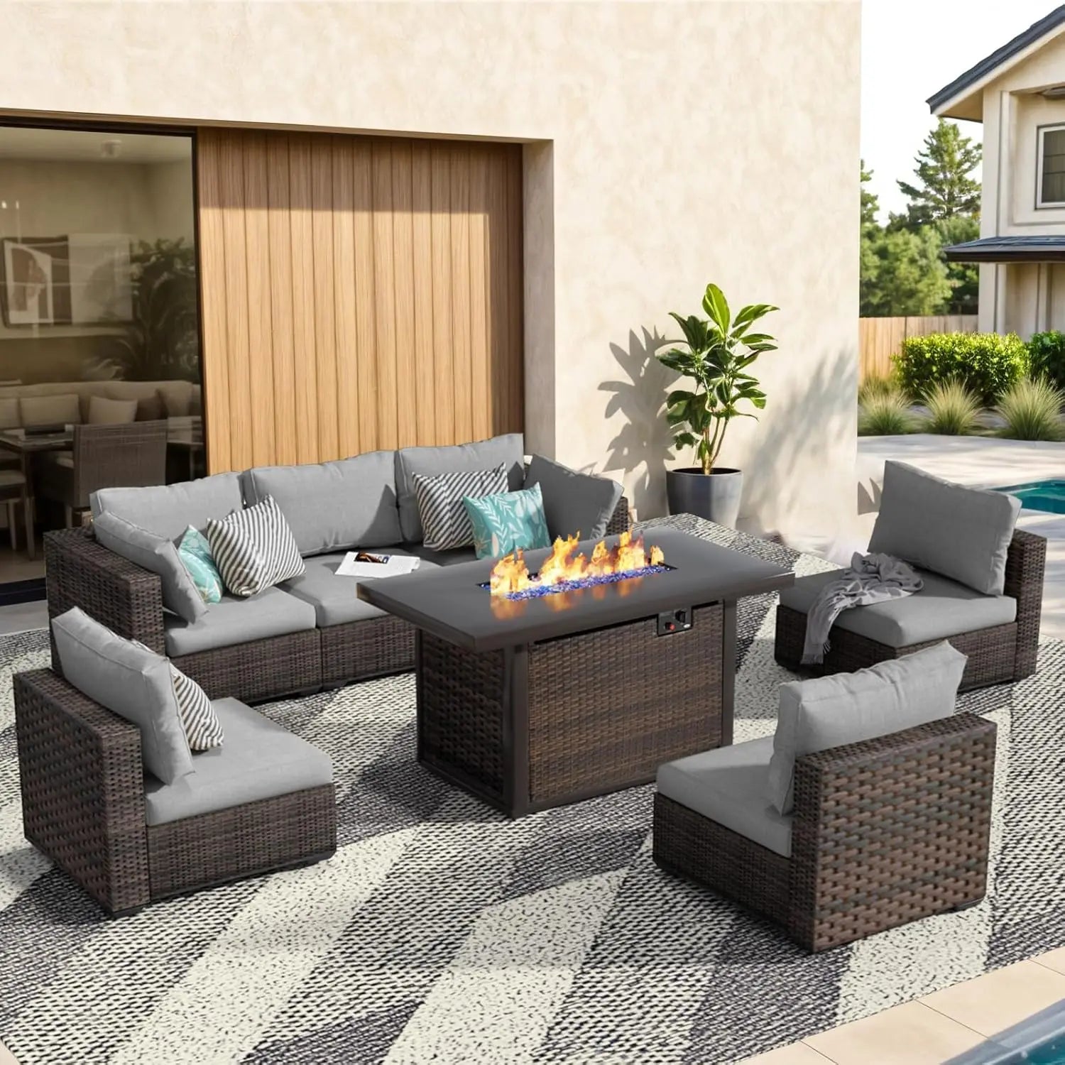 7 Pieces Outdoor Sectional Patio Furniture Set with Fire Pit Table Rattan Wicker Patio Sectional. Cozy and Welcoming.