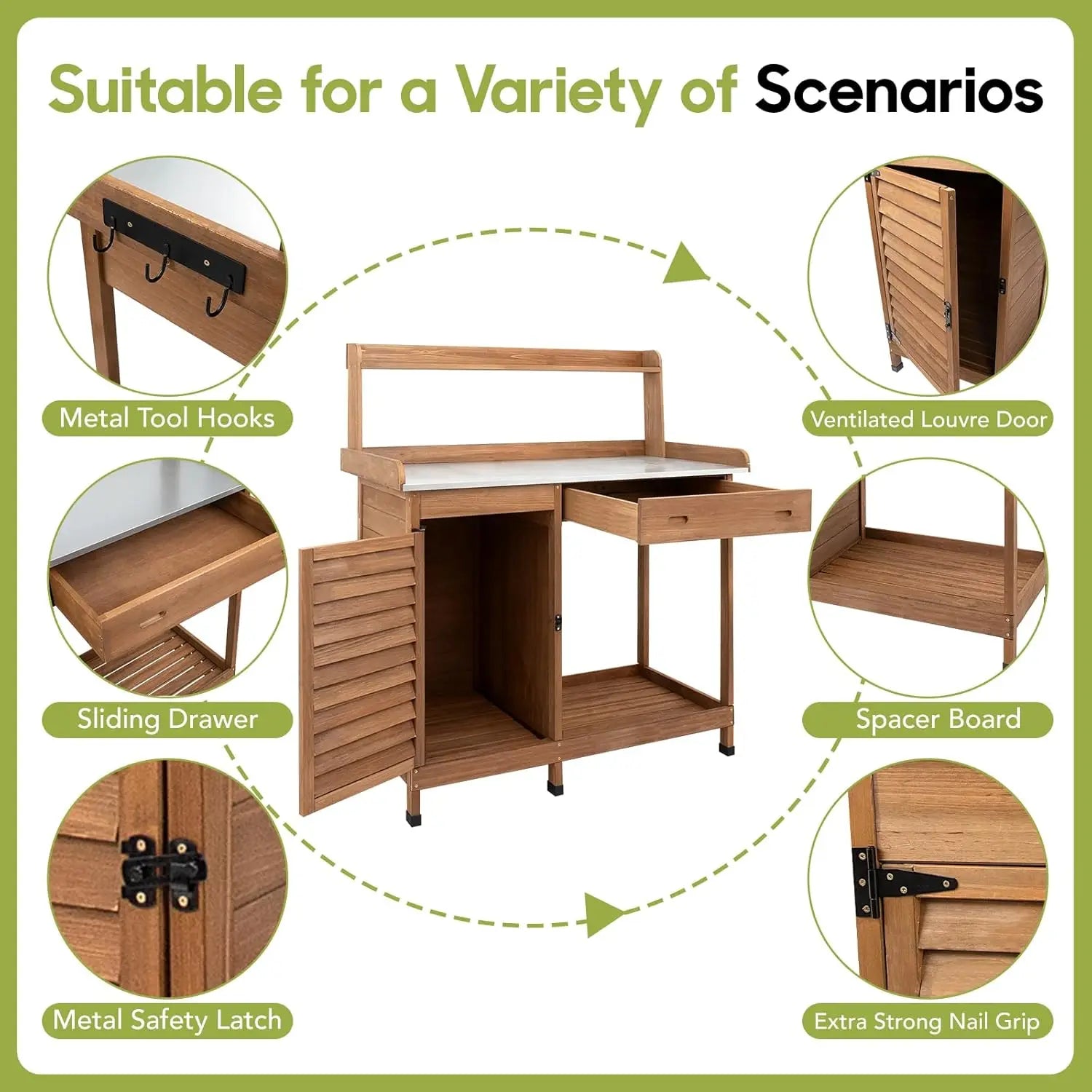 Outdoor Potting Bench Table, Wooden Weatherproof Garden Work Station with Sliding Drawer, Metal Table Top.